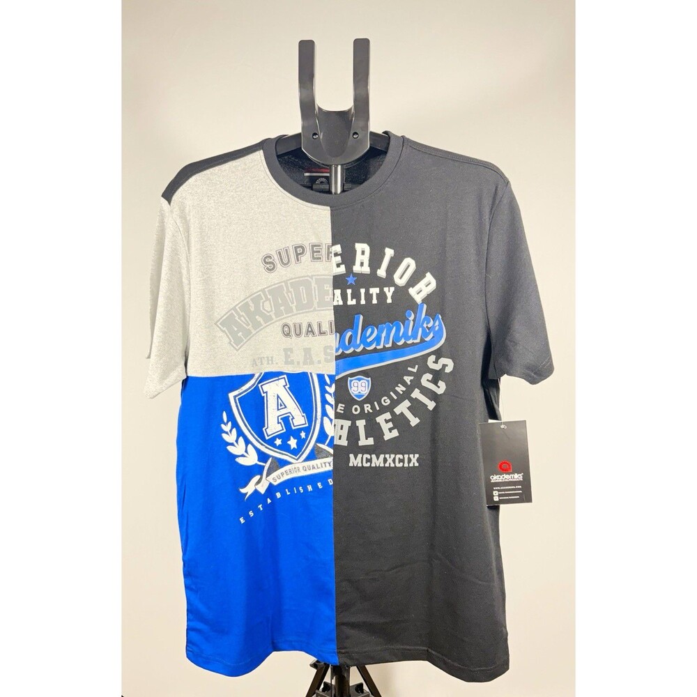NWT Akademiks Mens L Black/Gray/Blue/White Cotton Knit Graphic Print Crew Neck